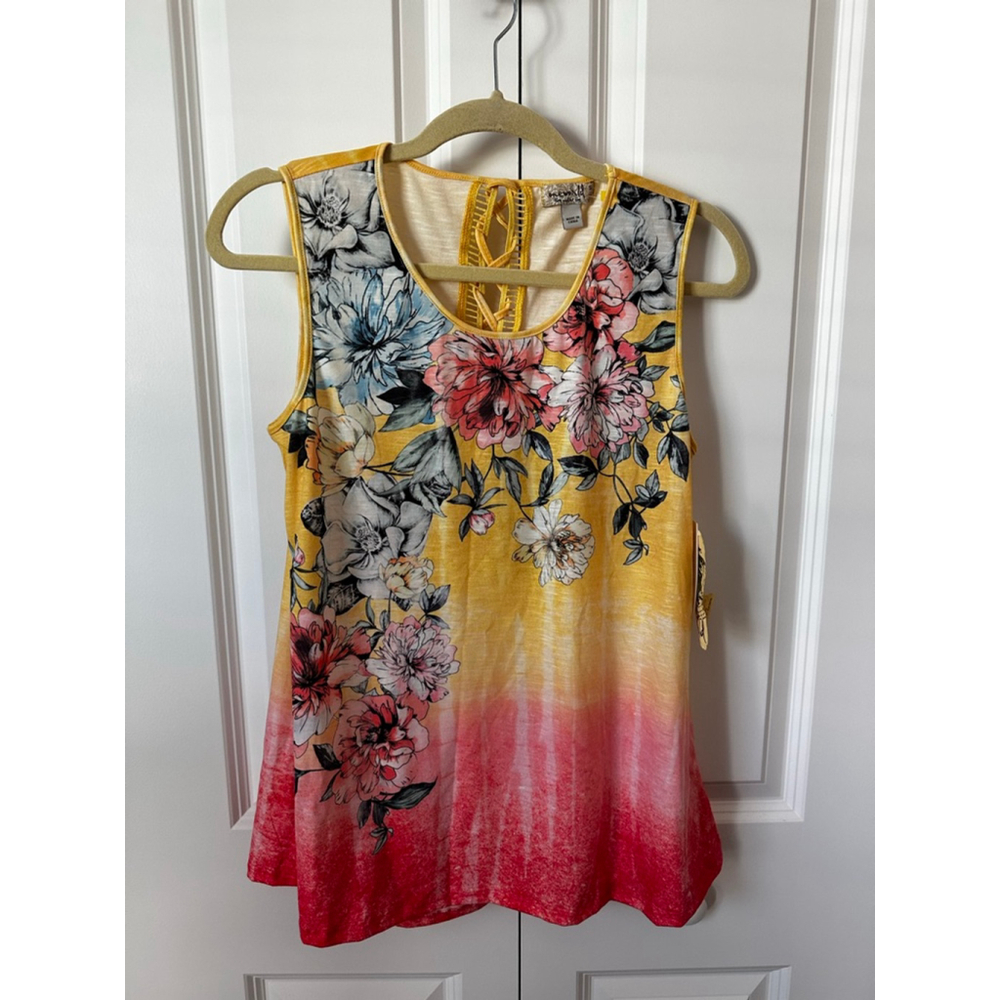One World Floral Ombre Tank Top S Yellow Red NWT